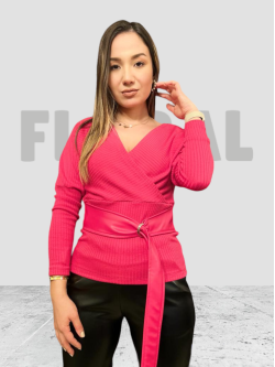 Sweater with Leather belt Fushia