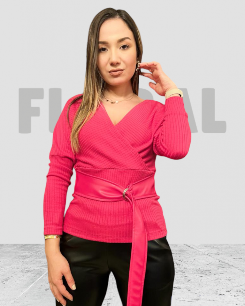 Sweater with Leather belt Fushia