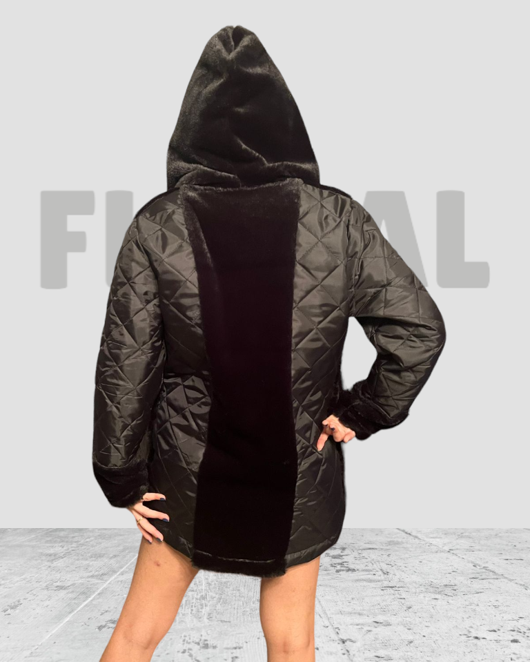 Long Jacket Capitone with Fur Black Long Jacket Capitone with Fur Black